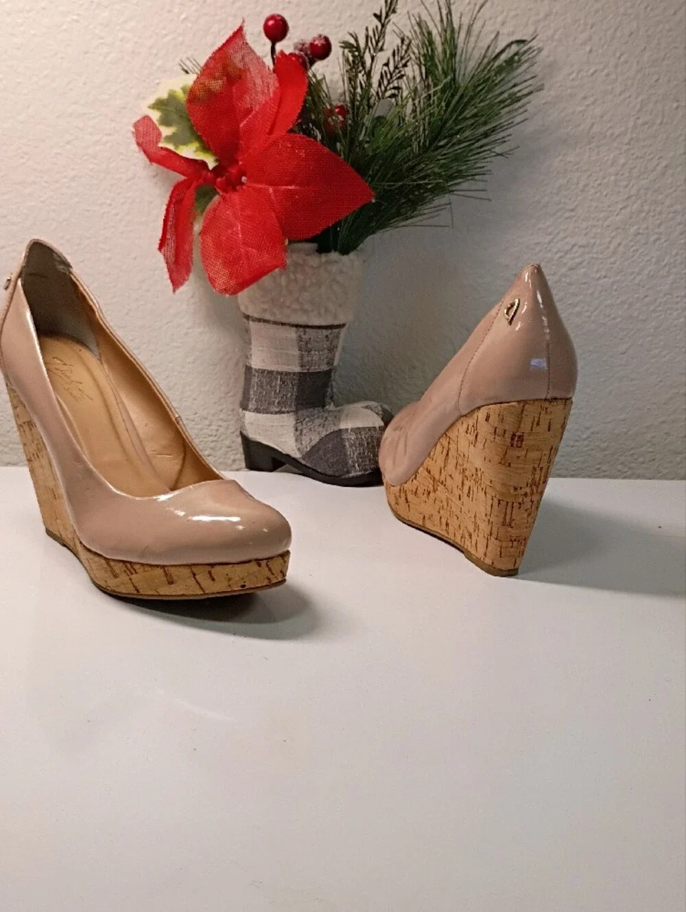 Thalia Sodi Nude Patent Platform Pumps with Cork-Style Sole